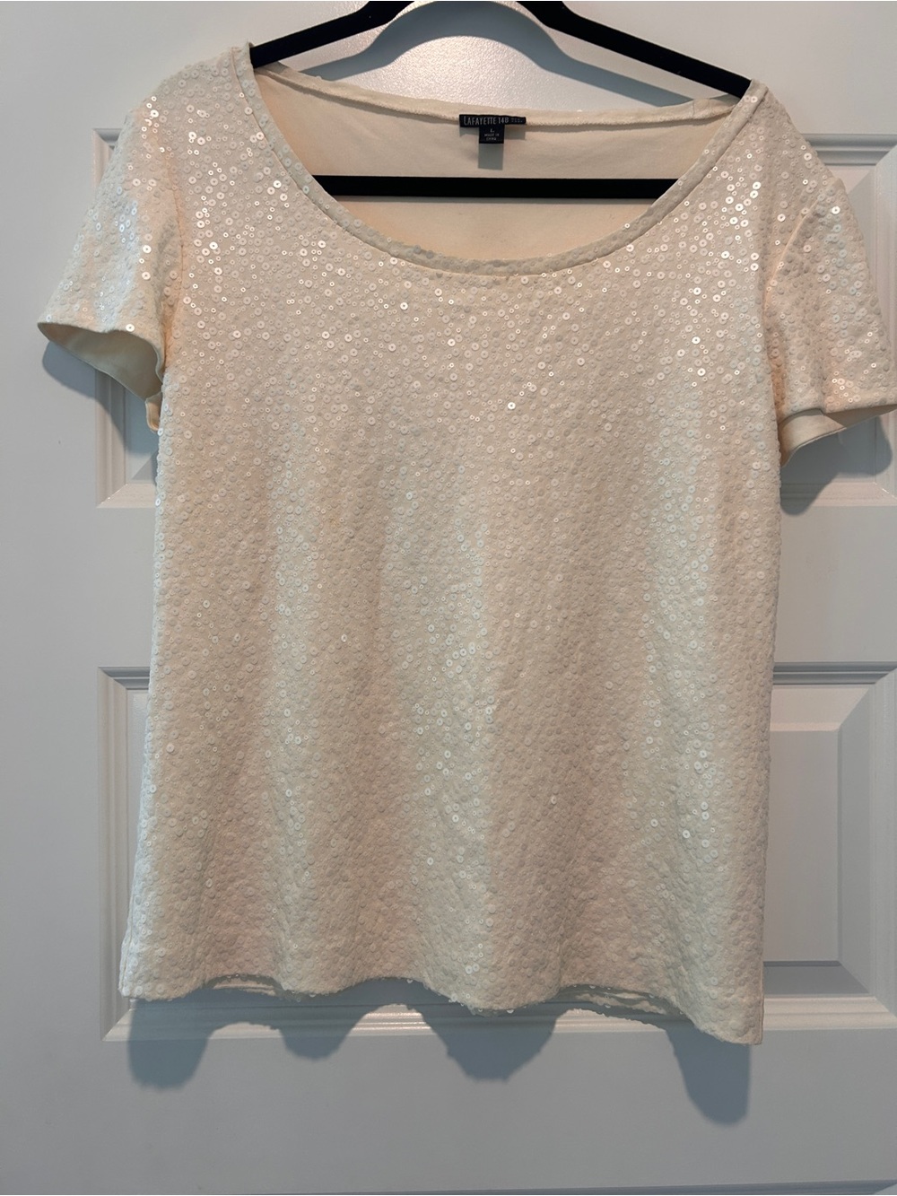 lafayette 148 Silk Sequin Top Cream Short Sleeve Size Large